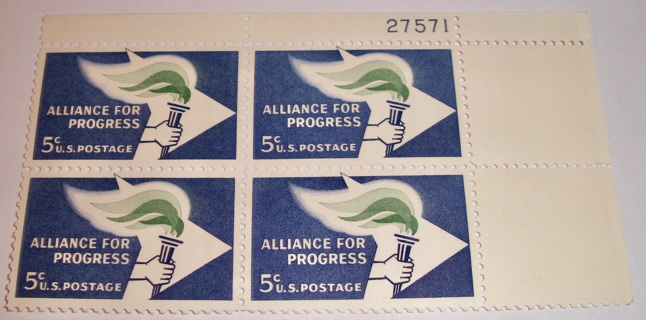 Scott #1234, Alliance for Progress, Pane of 4 Useable 5¢ US Postage Stamps