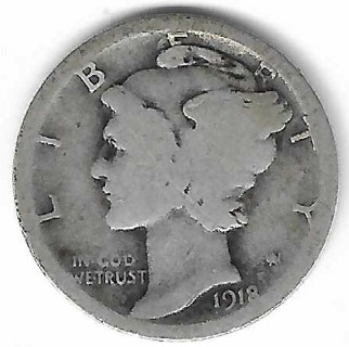 1918 Mercury Dime 90% Silver U.S. 10 Cent Coin