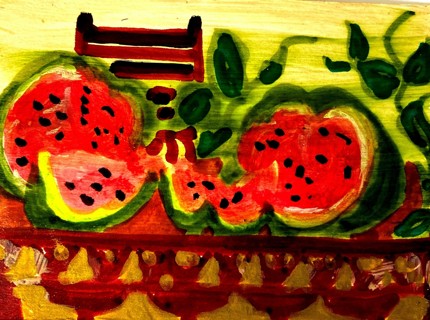 ACEO Original Mixed Media Painting "Watermelon Time" Signed