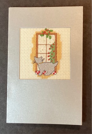 Cross Stitch Christmas Card - Gray Cat with Tree