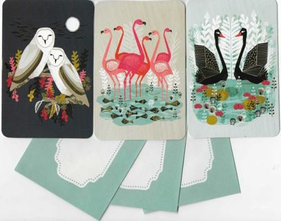 3 NEW Note Cards with Envelopes ~ Flamingos / Owls / Swans