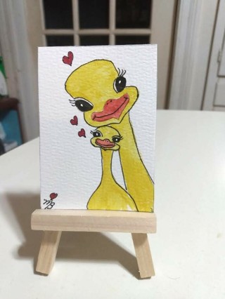 ACEO Original, Watercolor Painting 2-1/2"X 3/1/2" Momma Duck & Baby by Artist Marykay Bond