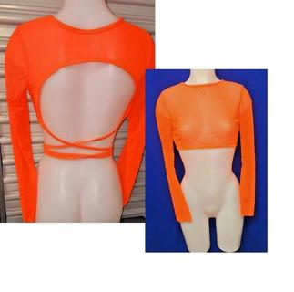 Sexy Orange Tie Open Back Waisted Shirt Mesh Blouse Top Neon Size L 