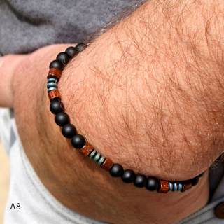 Mens Beaded Black Onyx And Green Plated Hematite Spacers With Wooden Beads 6mm Matte Mat Black