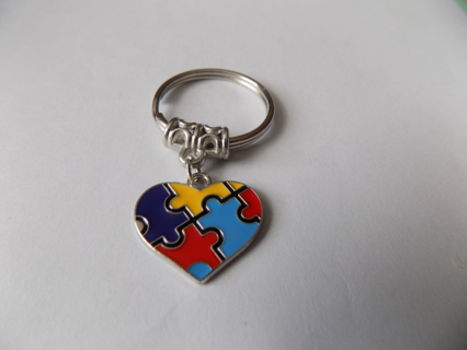 Enameled Autism puzzle heart shape keychain