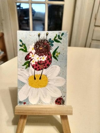 Original, Acrylic & Watercolor Painting 2-1/2" X 3/1/2" Pollen Is everywhere by Artist Marykay Bond