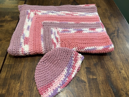 Handmade Crocheted Shower Gift Baby Blanket and Hat 