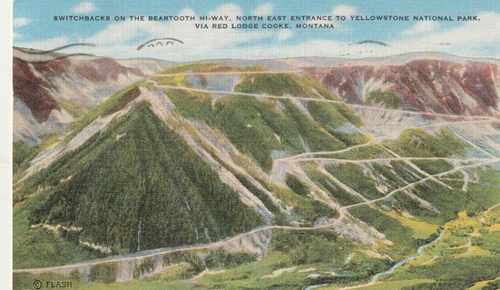 Vintage Used Postcard: 1949 Entrance to Yellowstone via Red Lodge Cooke, MT