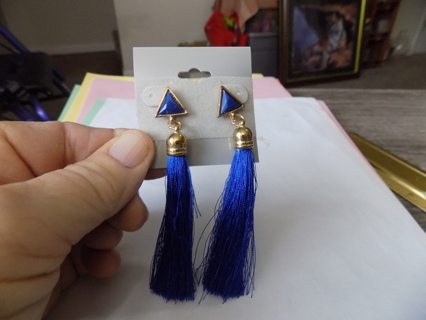 3 inch long  blue tassel post earrings blue triangle at top