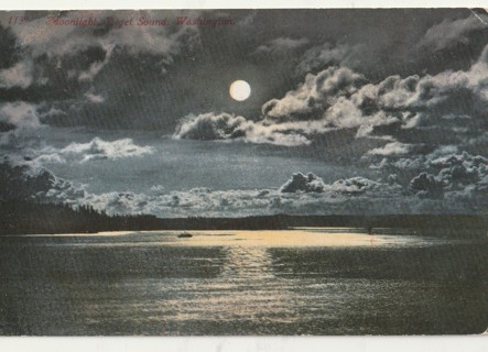 Vintage Unused Postcard: Moonlight on Puget Sound, WA