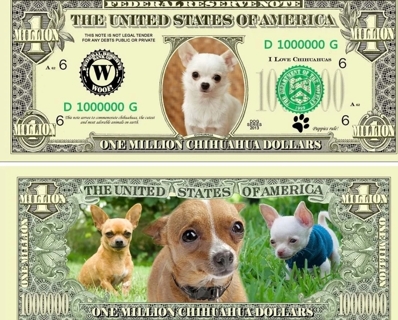 1 million chihuahua dollar bill novelty play funny fake money W/Sleeve