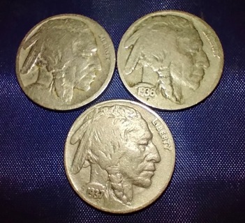 COINS THREE BUFALO NICKLES 1936 1937 AND THEN ? BEAUTIFUL COINS WITH A LONG HISTORY GRAB THEM NOW.