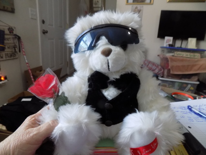 12 inch white furry PS I Love you  bear plush wears sunglasses, blue velvet bowtie, carries rose