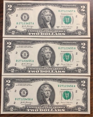 3 Consecutive $2 bills 