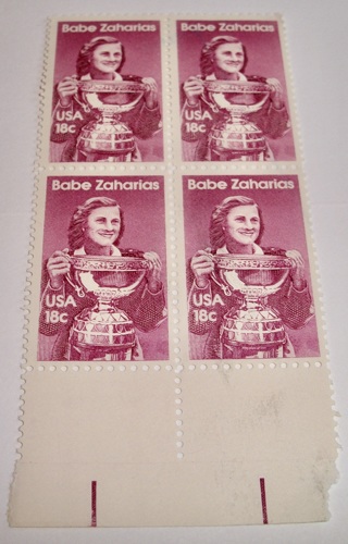 Scott #1932, Babe Zaharias, Pane of 4 Useable 18¢ US Postage Stamps. No Gum.