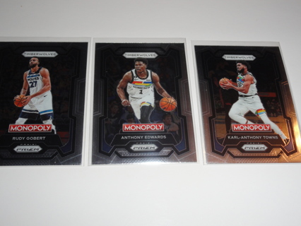 Anthony Edwards Karl-Anthony Towns Rudy Gobert Lot 3 Minnesota Twolves Cards 2023-24 Prizm Monopoly