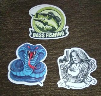 Three new laptop computer stickers bass fishing sexy girl with gun cobra snake Xbox PS4
