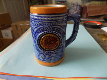 Vintage 4 inch tall JAPAN blue & brown glazed mug souvenir Hickory Knob State Resort park