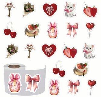 ↗️⭕NEW⭕(10) 1" LOVE HEART KITTEN CHERRIES STRAWBERRY BOW STICKERS!! GIRL CAT