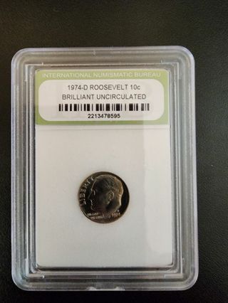 1974-D Roosevelt 10-cent brilliant uncirculated dime - slabbed - INB