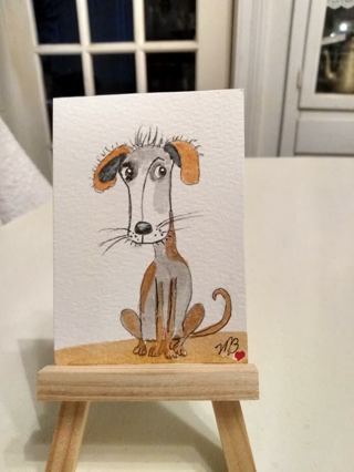 Original, Watercolor ACEO Painting 2-1/2"X 3/1/2" Whimsical Dog by Artist Marykay Bond