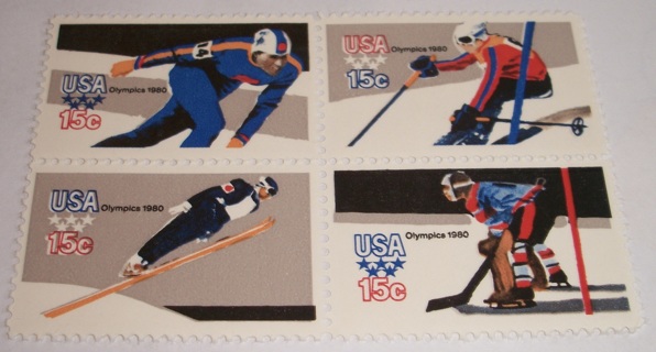 Scott #1795-98, Winter Olympic Games, Pane of 4 Useable 15¢ US Postage Stamps. Has Original Gum.