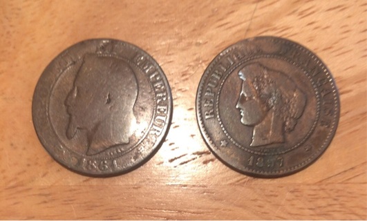 Pair of Antique France Five Centimes Coins 