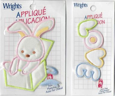 2 NEW in PACKAGE Wrights APPLIQUES for BABY CLOTHING or CRAFTS ~ Bunny & Word Love. 