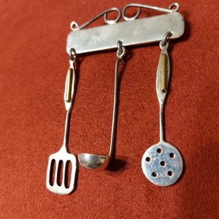 Sterling silver kitchen utensils brooch heavy