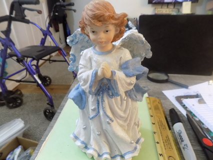 11 inch resin Angel Music Box reddish brown hair blue whte wings wind up