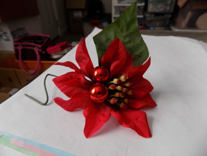 Christmas pick red silk poinsettia, 2 red ball ornaments 