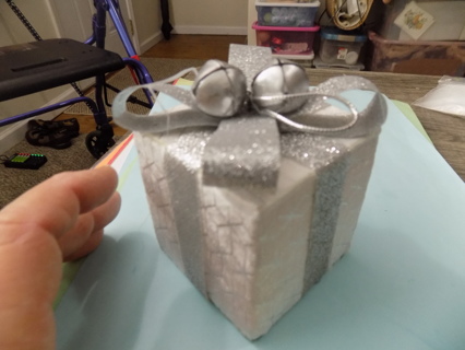 Silver & white glitttery stripe wrapped present 2 jingle bells, 3 inch square