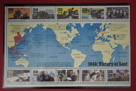 One Half Sheet 10 Mint .29 1945 Victory At Last US Postage Stamps