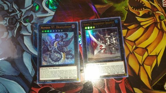 2 Ultra Rare Holo XYZ Yugioh cards Number 27 Dreadnought Dreadnoid and Number 97 Draglubion