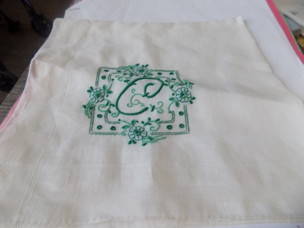 Hand embroideried handkerchief Green letter C and flowers and dots from Portugal