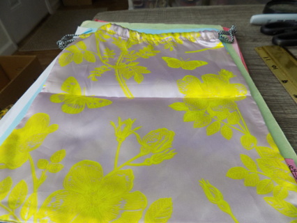 Purple satin drawstring bag with yellow butteflies and flowers 9 1/2 x 8