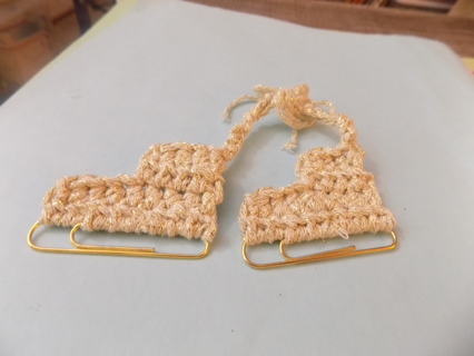 Pair hand crocheted tan & gold thread ice skates ornament with paper clip metal runners