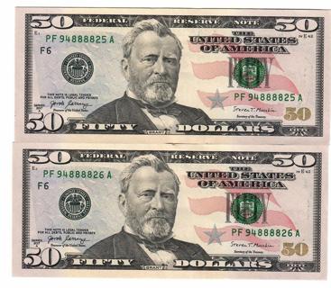 Two $50 Dollar Bills Fancy Four 8888's in a Row in Sequence! Nice Condition! P2