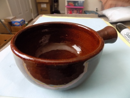 Vintgage dark brown stoneware bean pot with side handle about 5 inch wide