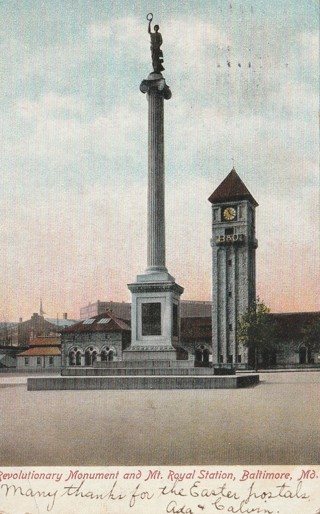 Vintage Used Postcard: g: 1907 Revolutinary Monument & Mt Royal Station, Baltimore, MD