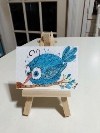 ACEO Original, Watercolor Painting 2-1/2"X 3/1/2" Whimsical Blue Bird by Artist Marykay Bond