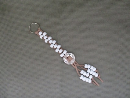 Braided leather keychain white and brown handmade
