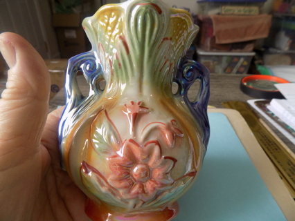 Vintage 5 inch tall pearlescent  orange flowerporcelain vase from Brazil orange & blue double handle