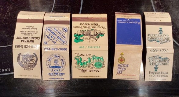 5 VINTAGE MATCHBOOK COVERS 