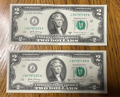 2- 2017 Series 2$ Bills in Sequential Order 