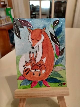 Original, Watercolor Painting 2-1/2"X 3/1/2" Mom Fox & Babies by Artist Marykay Bond