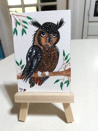 ACEO Original, Watercolor Painting 2-1/2"X 3/1/2" Owl by Artist Marykay Bond