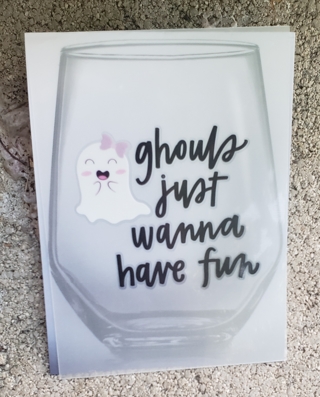 HALLOWEEN DRINKING GLASS RUB ON TRANSFER STICKER STYLE 1 GHOULS JUST WANNA HAVE FUN