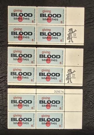 Three Blocks of 4 Mint .06 Giving Blood Saves Lives US Postage Stamps