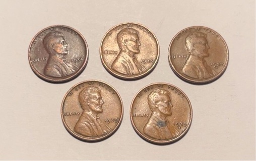 5 Different 1930’s US Lincoln Wheat Pennies 